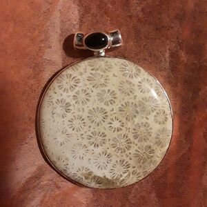 Indonesian Fossilized Coral Round Sterling Silver Pendant with Black Onyx SS 925